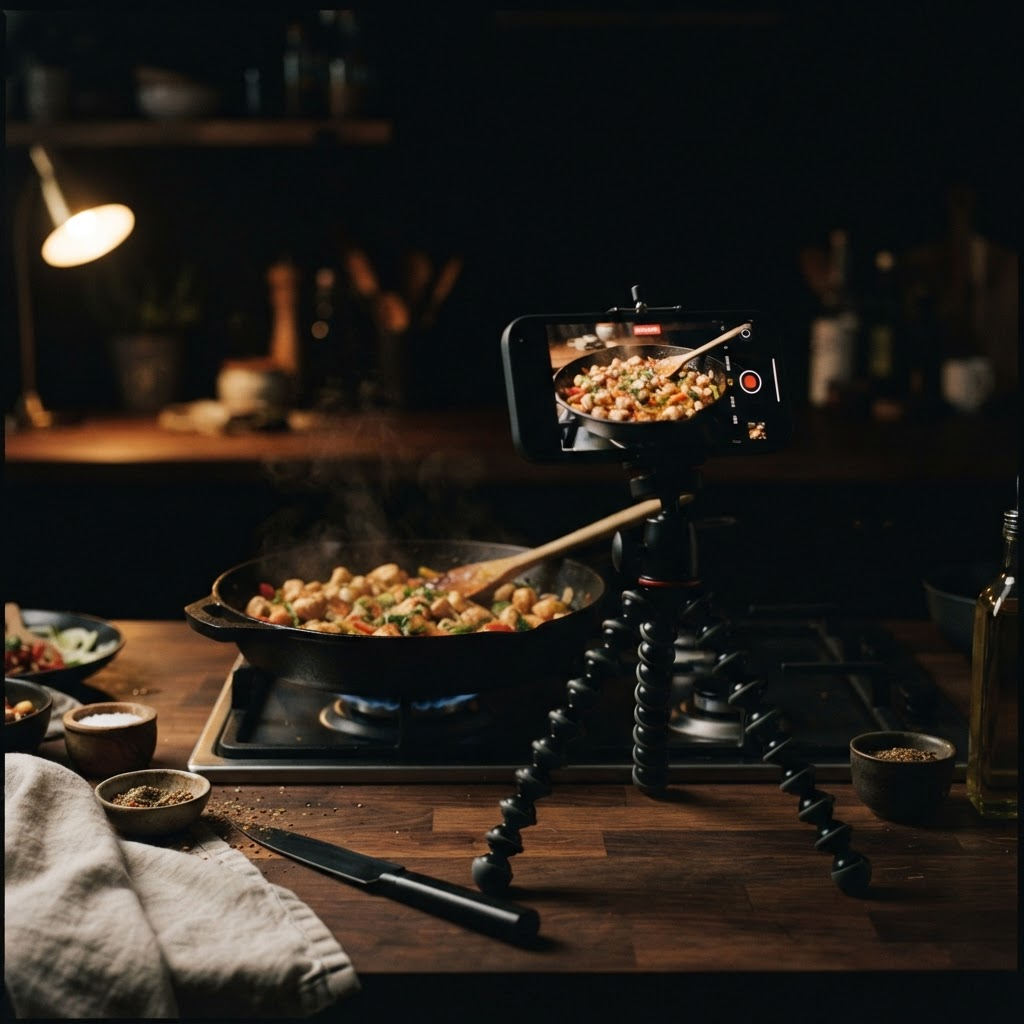 Phone on a small tripod filming a kitchen countertop