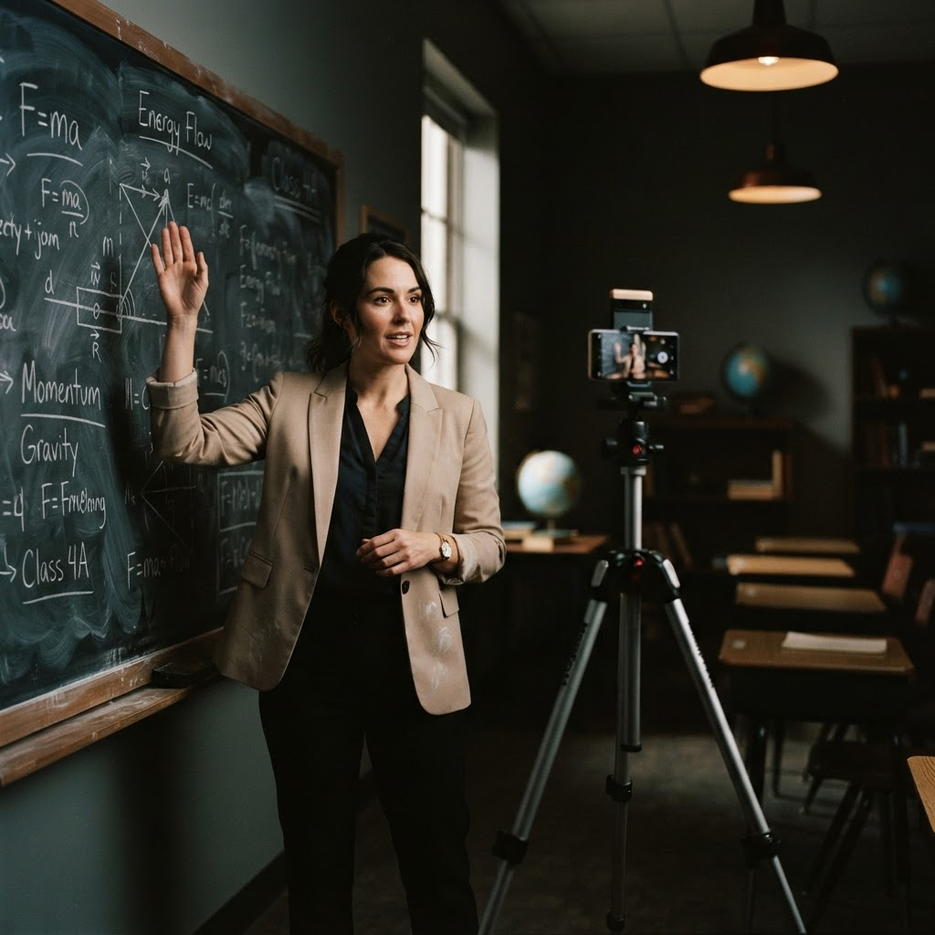 Teacher recording a lesson in front of a chalkboard